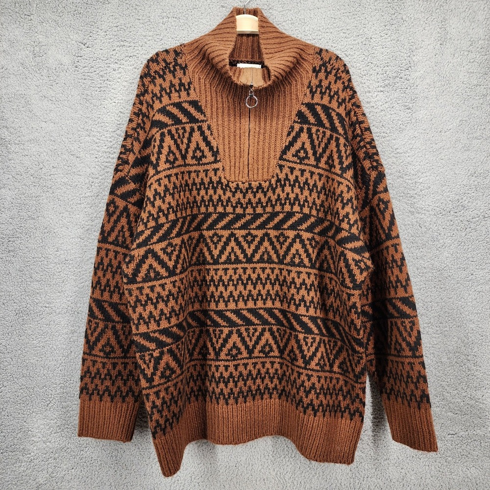Aerie Womens Pullover Sweater Brown Black Aztec Geometric Knit Large NWT